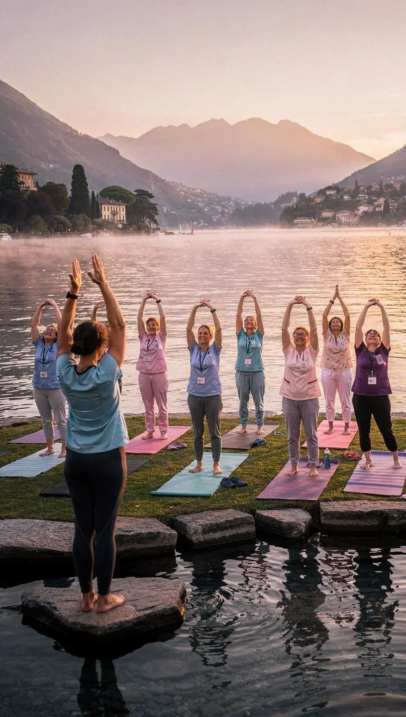 Un insegnante di yoga che guida una sessione di meditazione con i partecipanti seduti in cerchio.