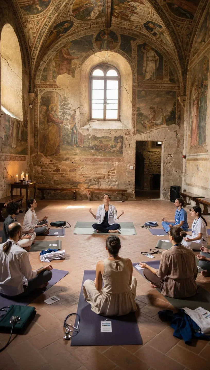 Un gruppo di praticanti di yoga che eseguono la posizione del guerriero con attenzione alla postura.