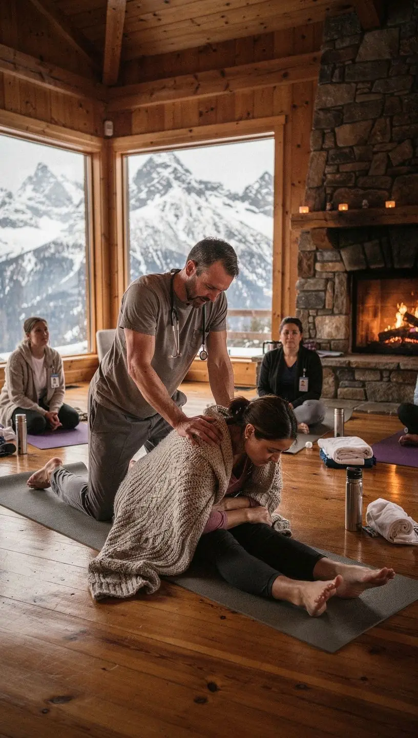 Un momento di relax e stretching finale in una lezione di yoga, con candele accese sullo sfondo.