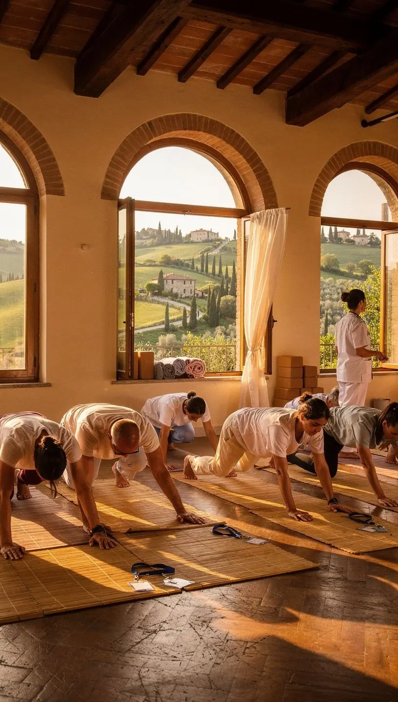 Una vista panoramica dello studio di yoga con luce naturale e attrezzature per la pratica.